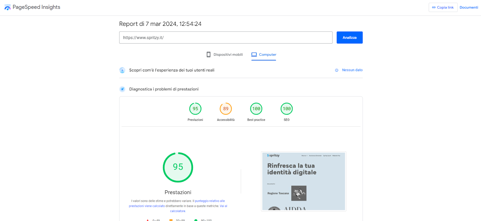 Pagespeed insights schermata